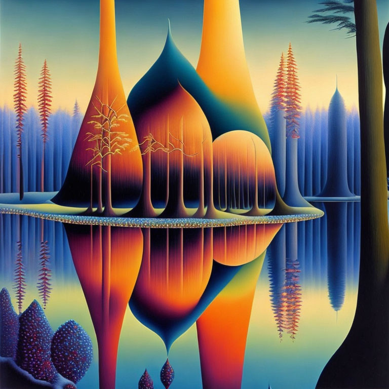 Surreal landscape with elongated structures and stylized trees at twilight