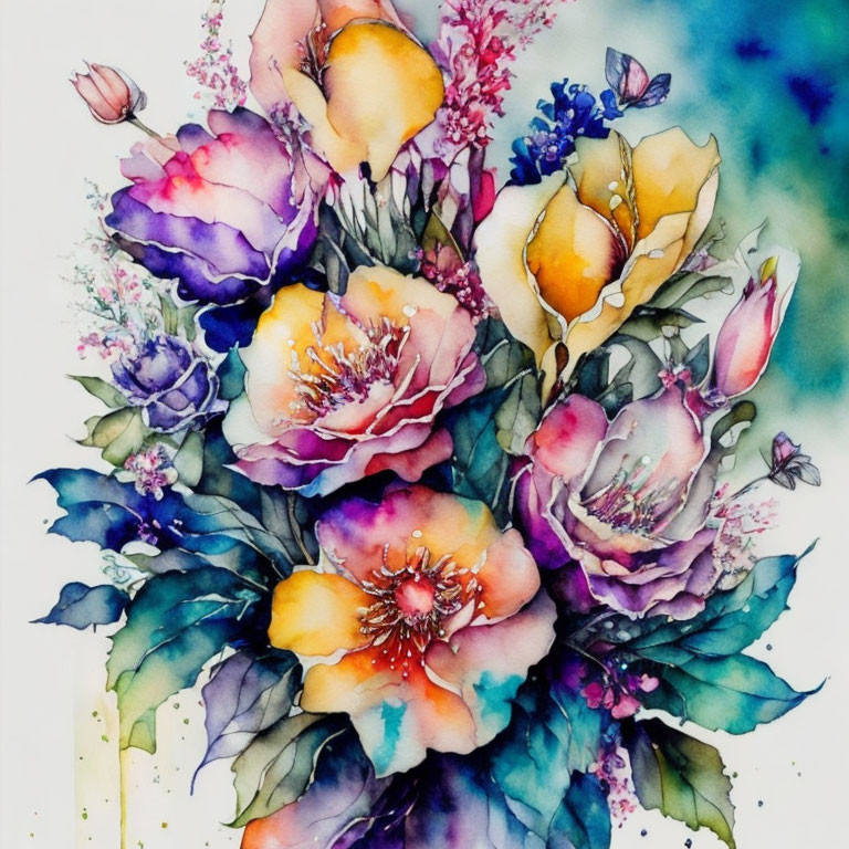 Colorful Watercolor Painting of Yellow and Purple Flower Bouquet