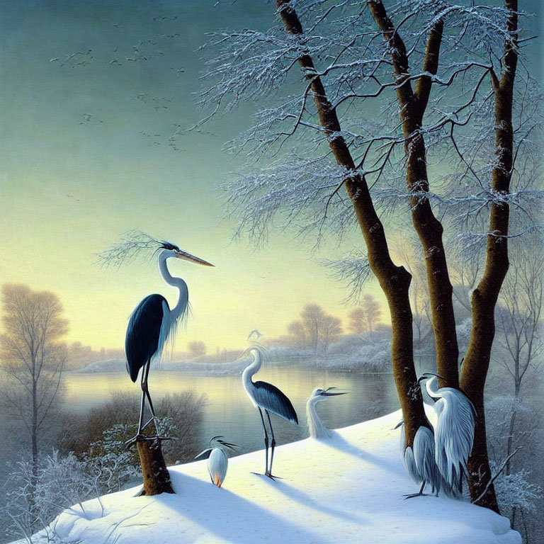 Winter herons by snow-covered riverside with calm river and dusk sky