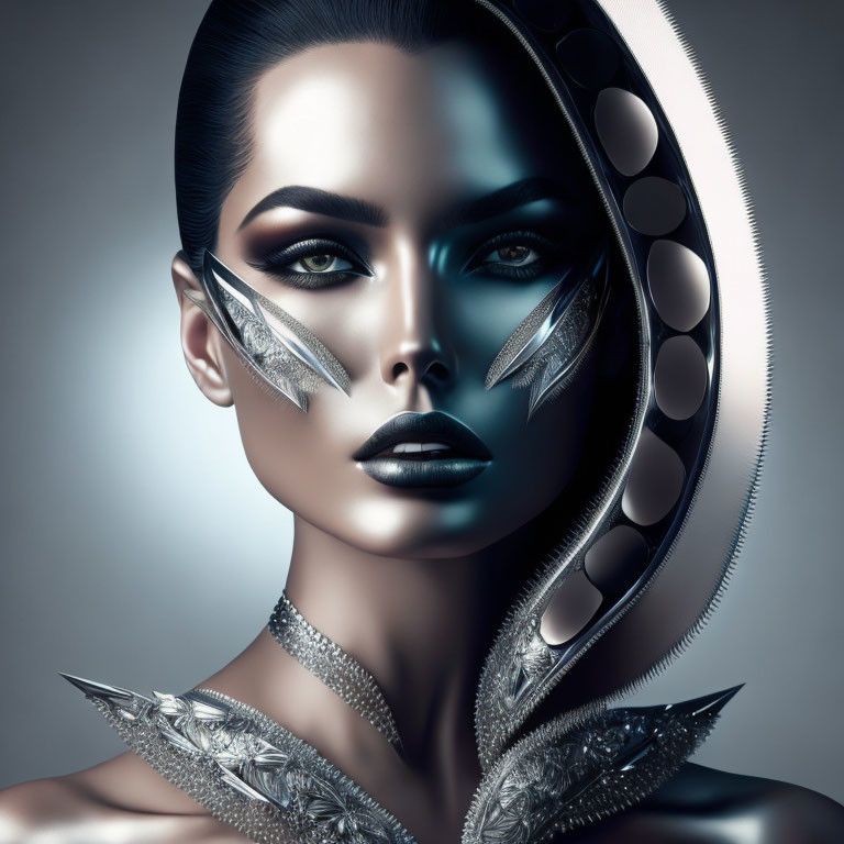 Futuristic woman with metallic silver face embellishments and bold makeup
