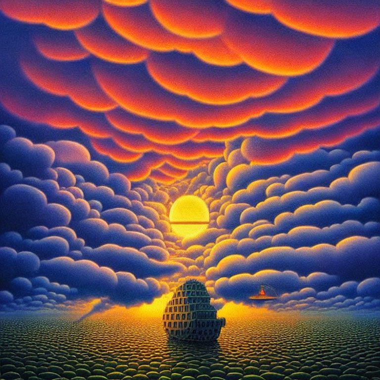 Surreal landscape with setting sun, domed structure, orange and blue clouds, patterned waves