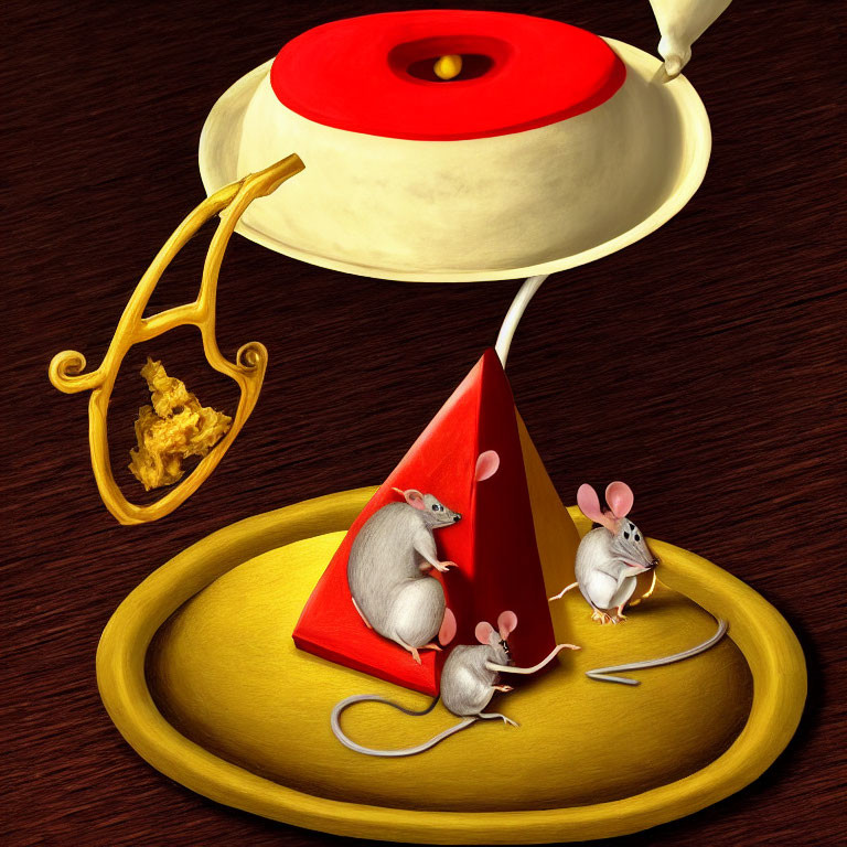 Three cartoon mice with cheese on yellow surface