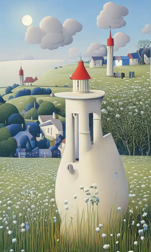Countryside landscape painting with vase lighthouse in foreground