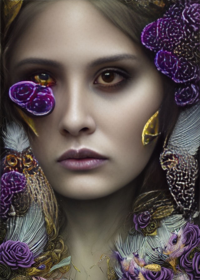 Surreal portrait of woman with vibrant purple flowers and intricate textures