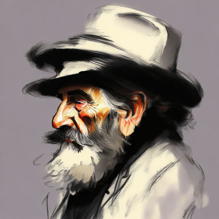 Elderly man with white hat, beard, mustache, and wrinkles
