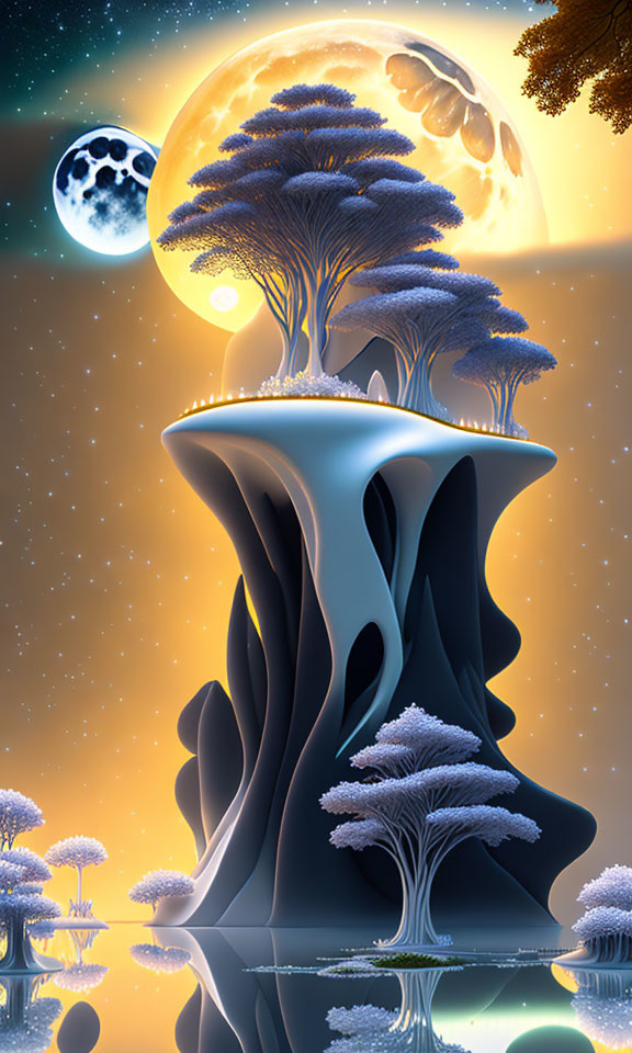 Fantastical landscape with purple trees on floating islands under large moon and starry sky