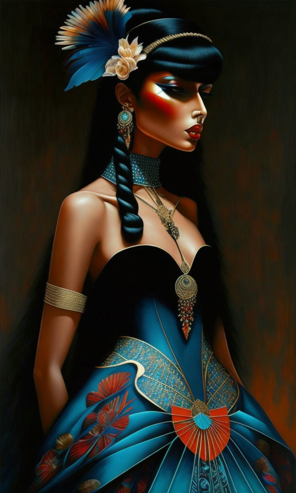 Stylized painting of a woman with black hair and blue dress
