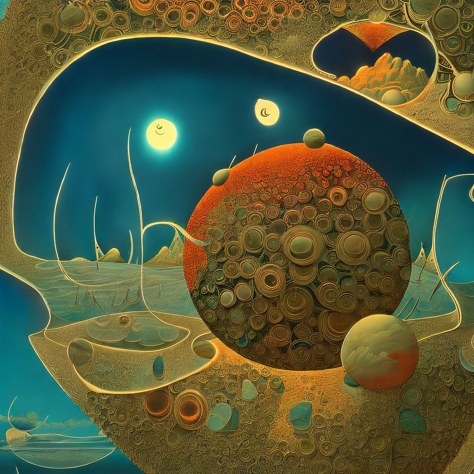 Surreal landscape with circular patterns, warm tones, moons, and sinuous structures
