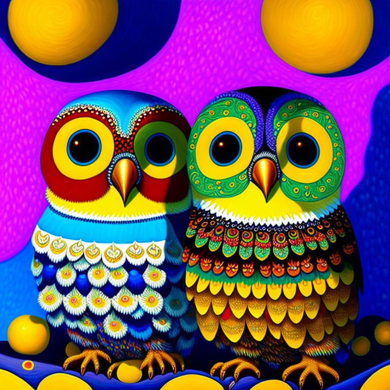 Colorful Stylized Owls Against Abstract Blue and Yellow Background