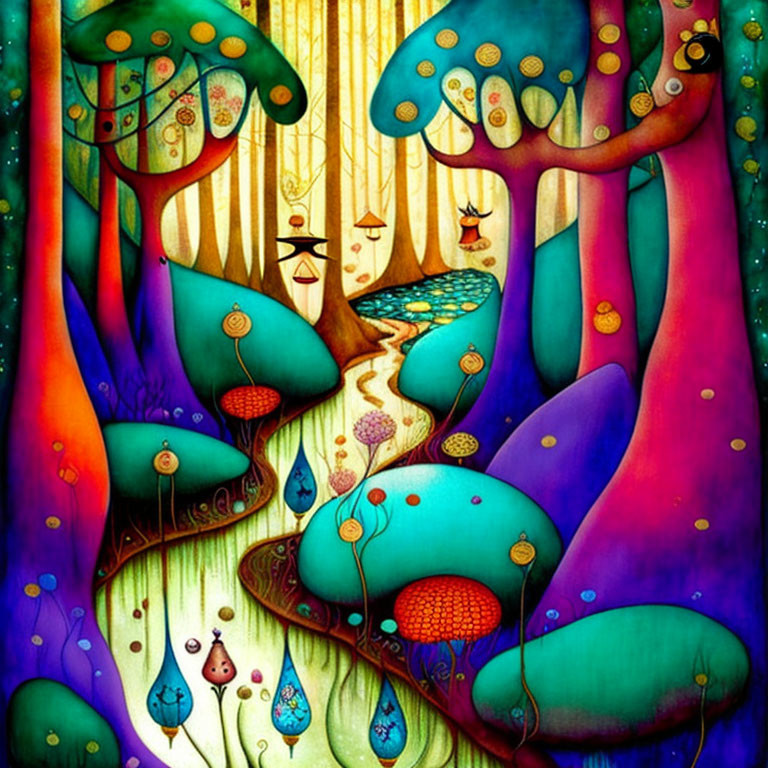 Colorful whimsical forest illustration with trees, mushrooms, and glowing orbs