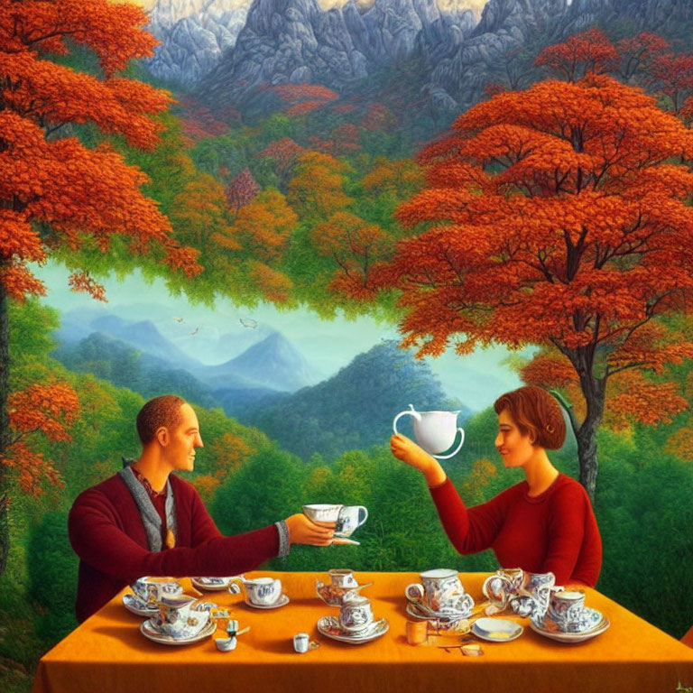 Two individuals pouring tea in autumn mountain landscape