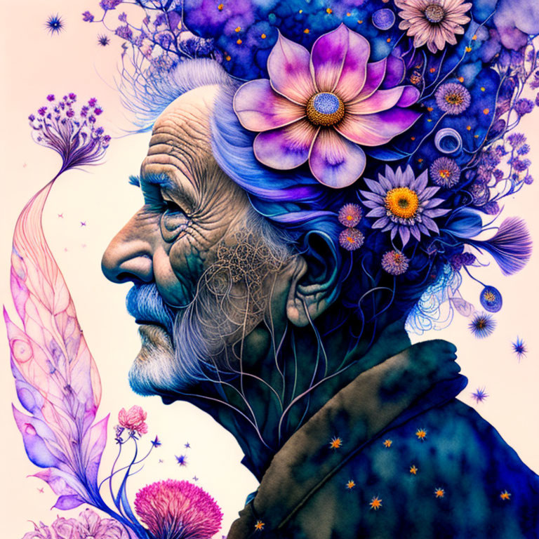 Elderly person portrait with serene expression and colorful floral headpiece