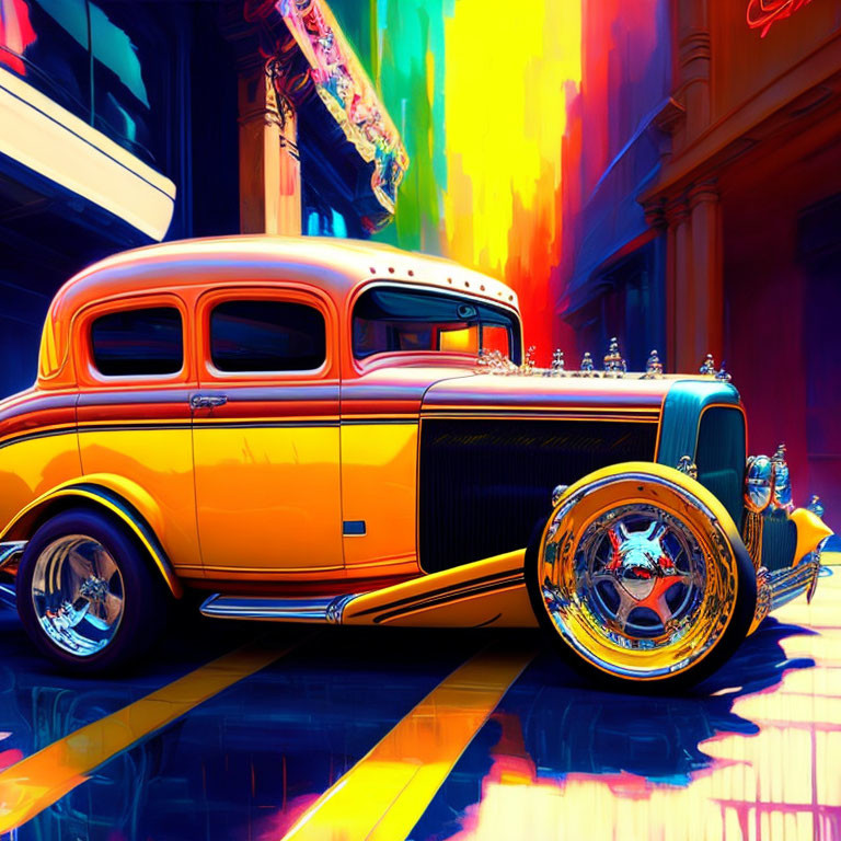 Vibrant digital artwork: classic car with chromed details in abstract urban setting