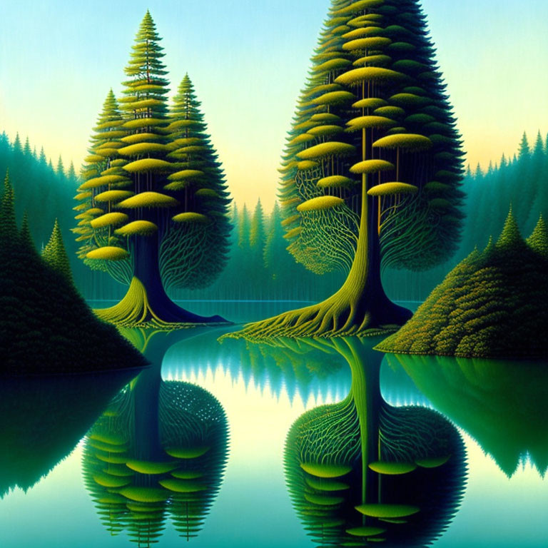Surreal Landscape with Towering Trees Reflected in Calm Lake