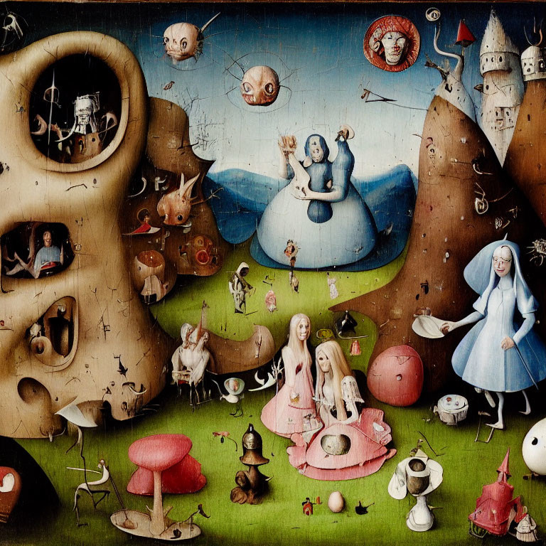 Eclectic surreal painting with humanoid figures and fantastical creatures in an Alice in Wonderland theme