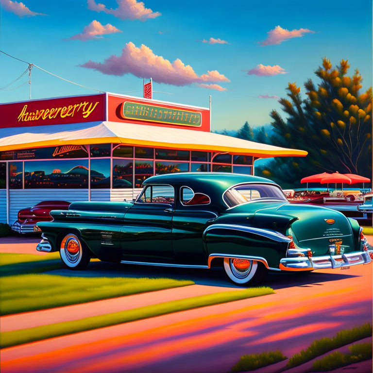 Classic Cars Parked at Retro Diner with Neon Signs at Sunset