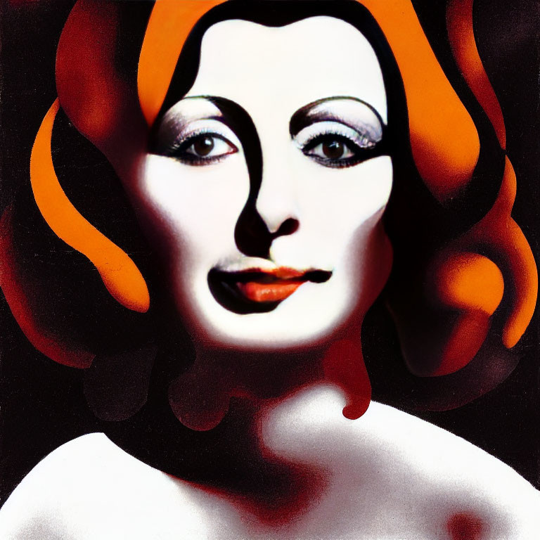 Modern graphic portrait of woman with white makeup and red lips on black background