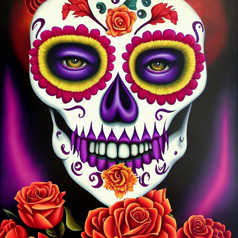 Vibrant Day of the Dead skull with purple eyes and floral backdrop