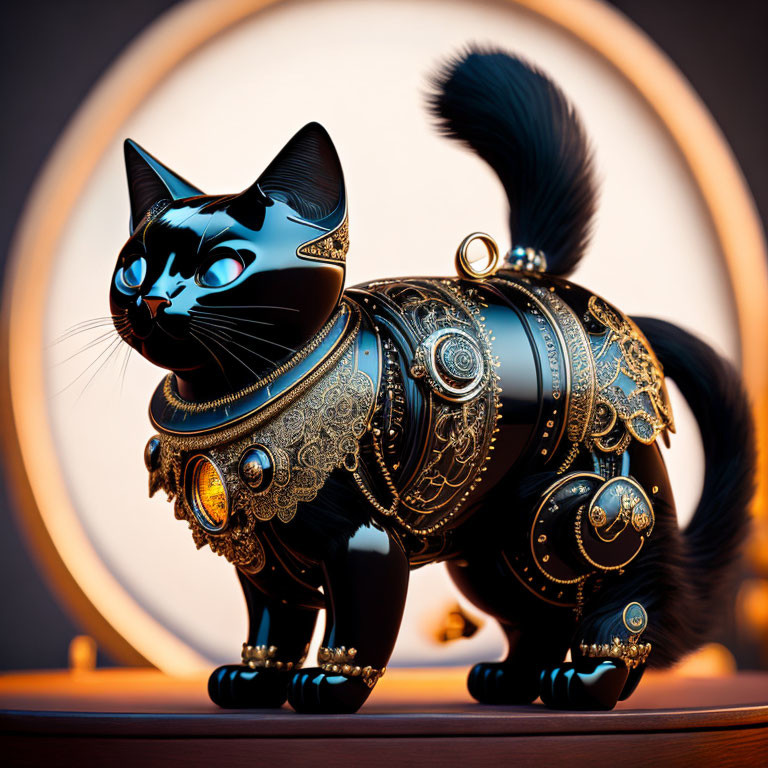 Black Cat Figurine with Gold and Gemstone Accents on Circular Backdrop