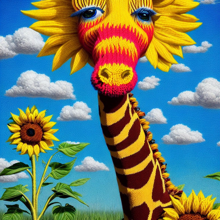 Whimsical giraffe-bodied creature with sunflower head on blue sky background