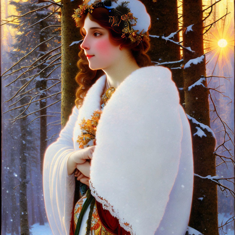 Woman with winter wreath in snowy forest holding fur cloak at sunset