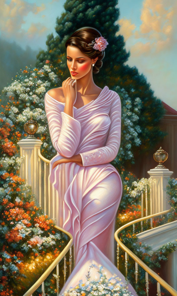 Pensive woman in off-the-shoulder pink gown by blossom-adorned balcony