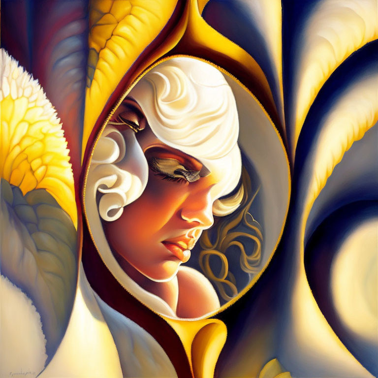 Abstract painting: Stylized woman's face in vibrant yellow and white tones
