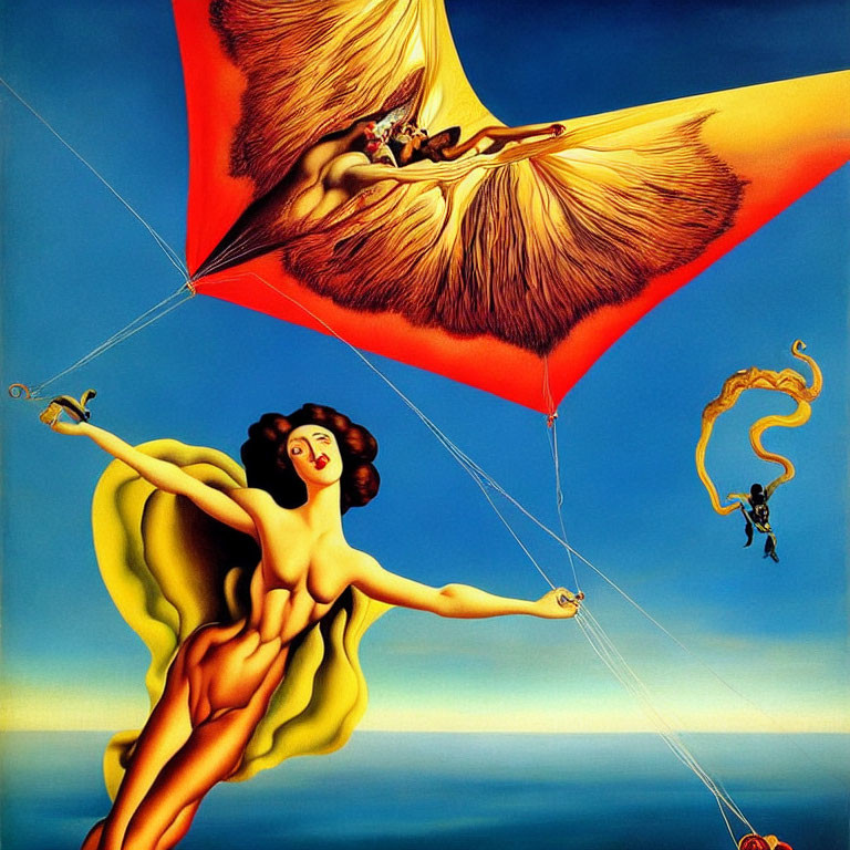 Surreal painting of woman with owl-kite on seashore