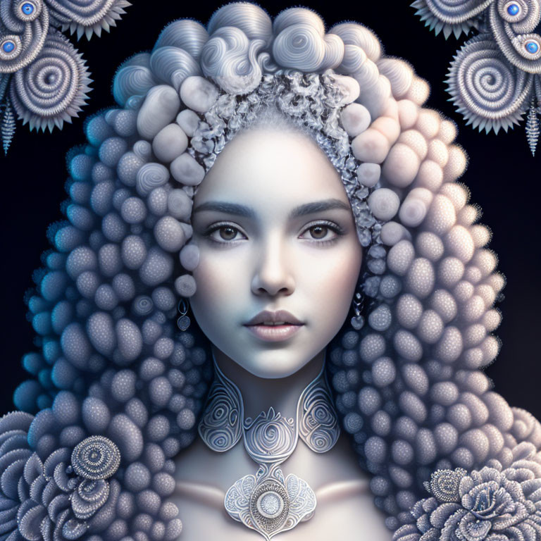 Digital Artwork: Woman with Ornate Headdress and Fractal Jewelry on Dark Background
