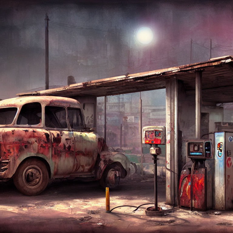 Abandoned gas station with rusty pumps and vintage car under hazy sky