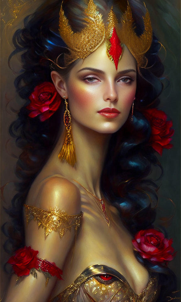 Regal woman adorned with gold jewelry and roses