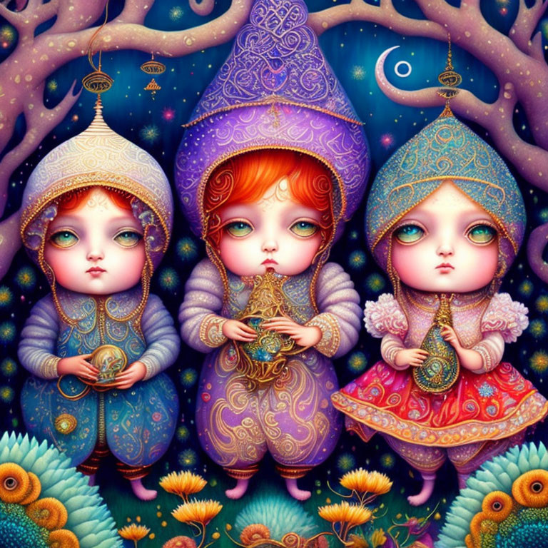 Whimsical characters in ornate clothes under eye-adorned tree
