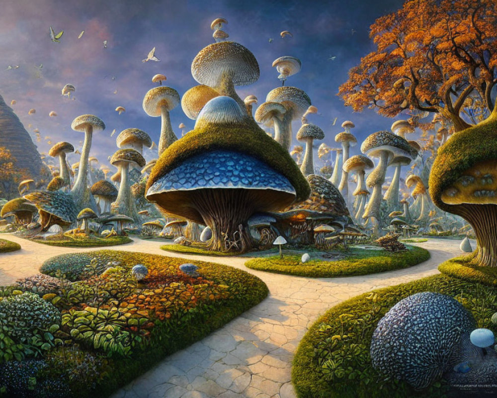 Whimsical landscape featuring oversized mushrooms and butterflies in golden sky