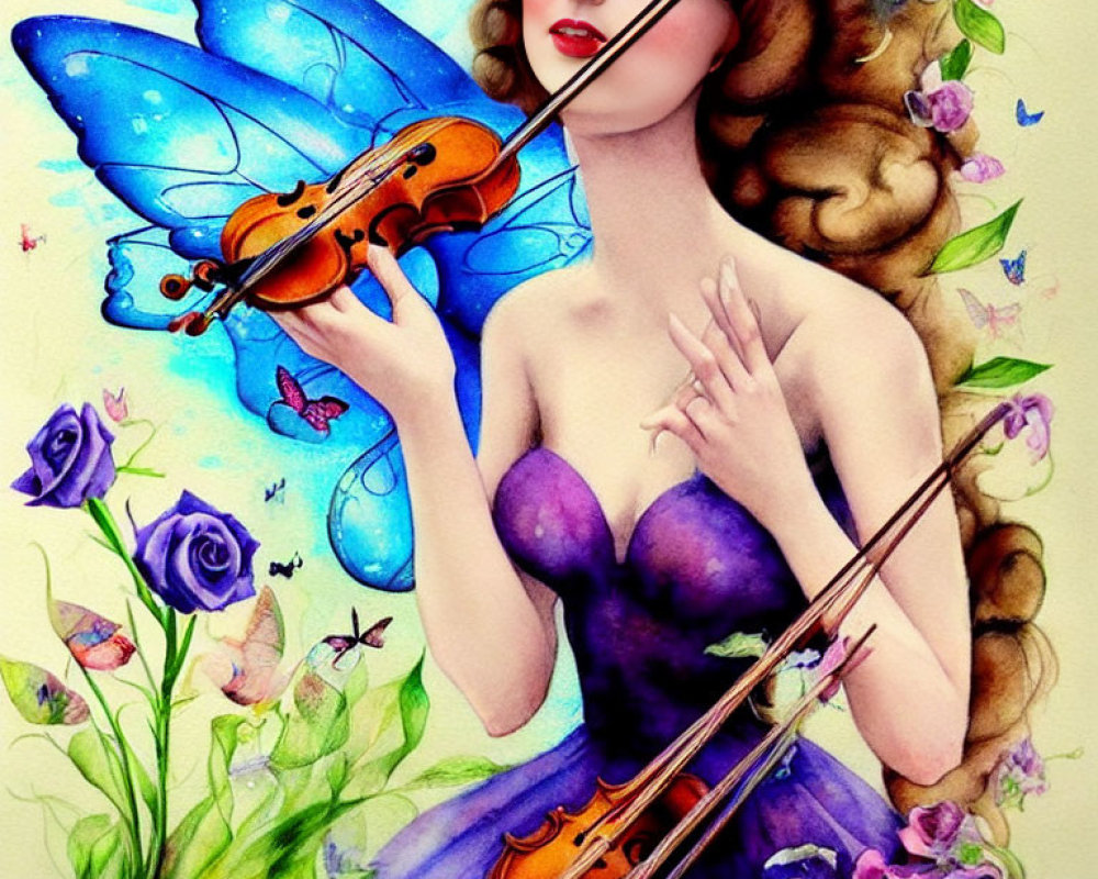 Colorful Illustration: Woman with Butterfly Wings Playing Violin surrounded by Flowers