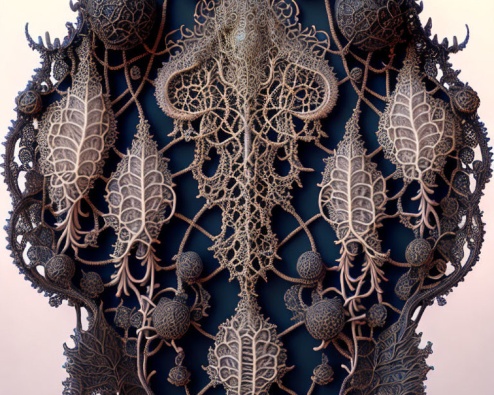 Symmetrical fractal design with leaf-like and spherical patterns on pastel background