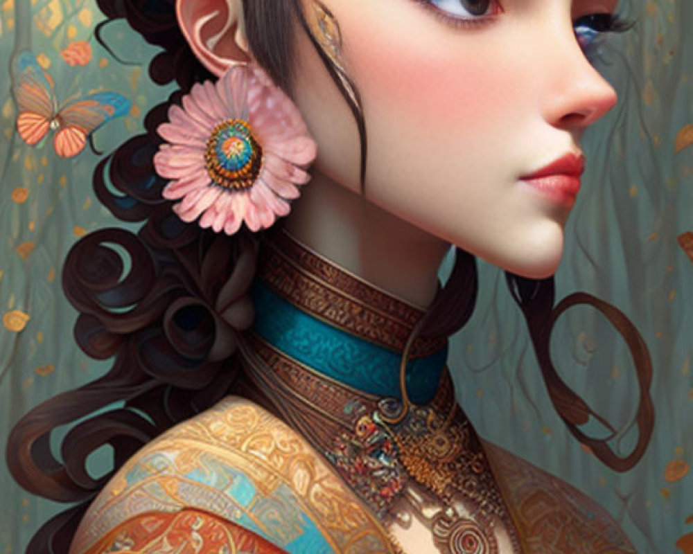 Vibrant illustrated portrait of a woman with intricate jewelry and butterflies