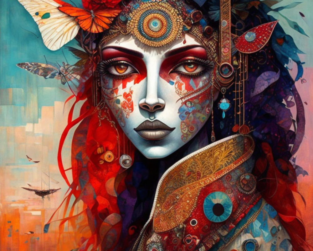 Colorful surreal portrait of a woman with elaborate face paint and butterfly, exuding mystical essence