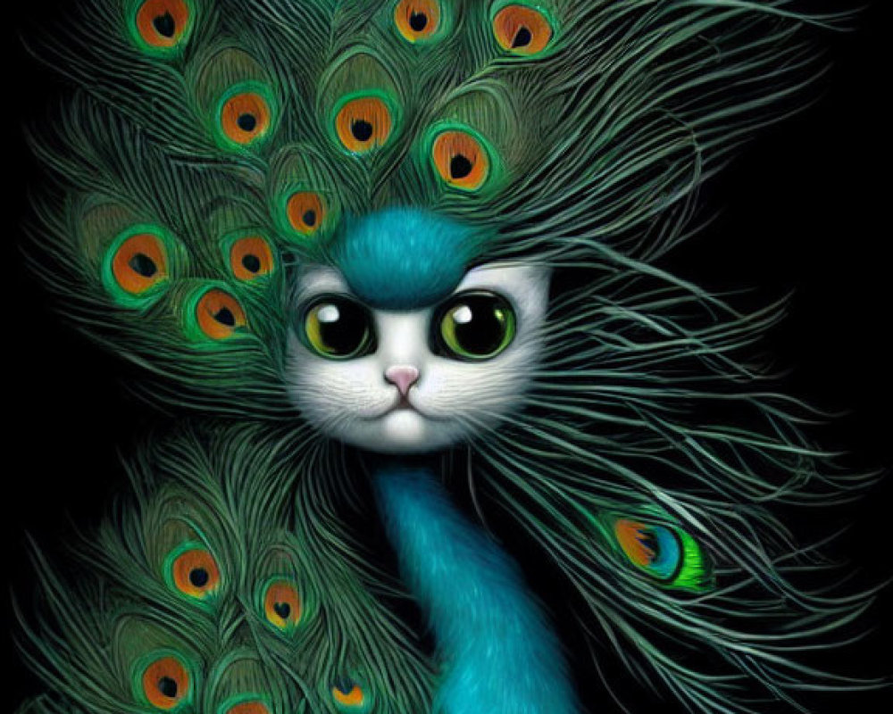 Colorful Cat Illustration with Peacock Feathers on Dark Background
