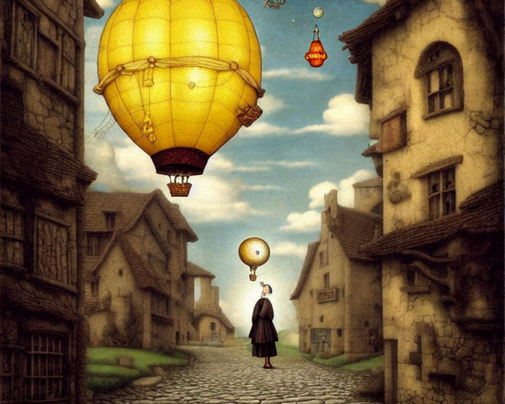 Person holding balloon on cobbled street gazes at large yellow hot air balloon and whimsical houses.