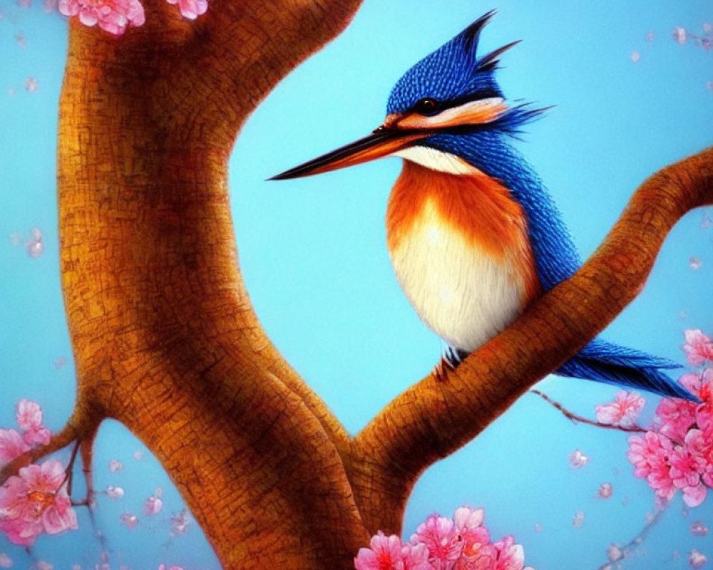 Vibrant kingfisher on brown branch with cherry blossoms and blue background