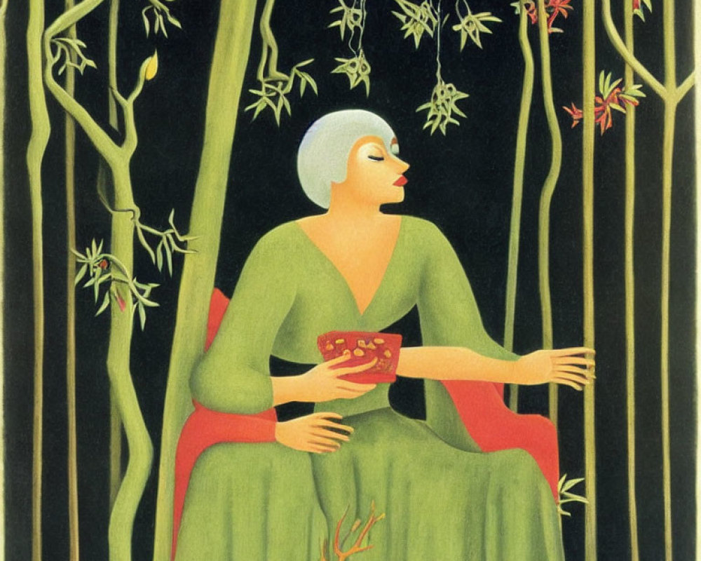 Stylized painting of woman with bob haircut under red canopy in verdant setting