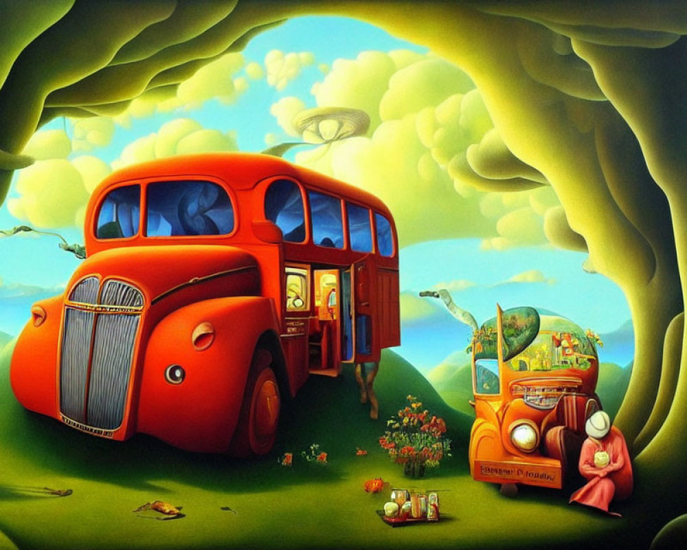 Surrealist anthropomorphic orange bus under lush green tree
