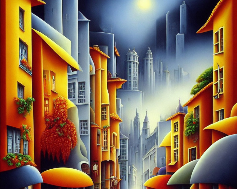 Surrealist cityscape painting with orange buildings and lone figure