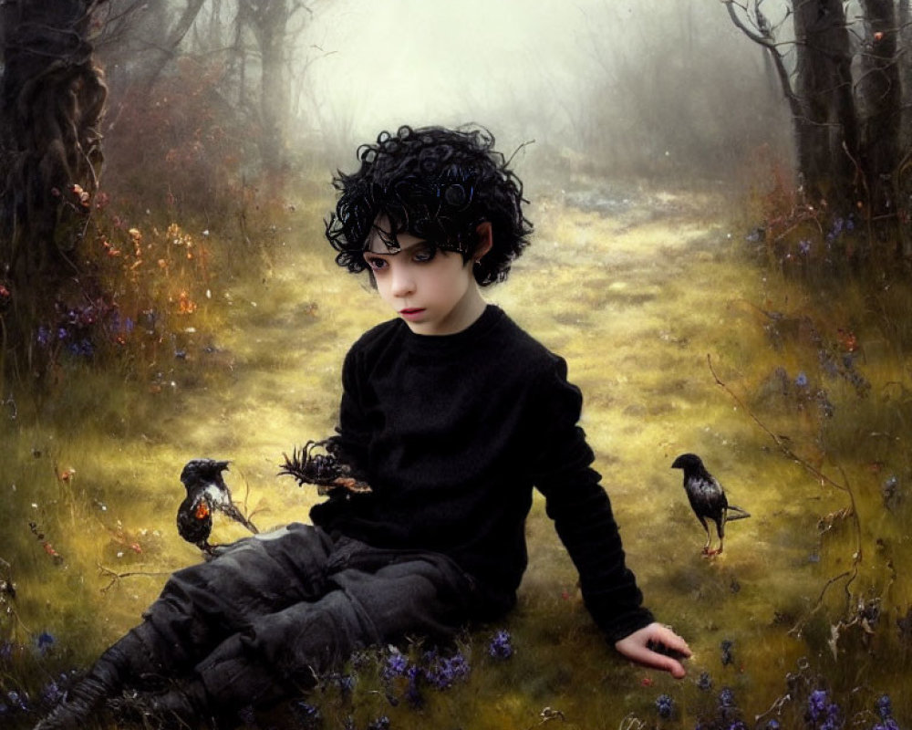 Curly-Haired Child in Misty Forest Clearing with Birds
