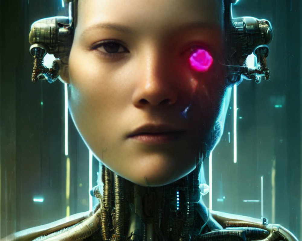 Cyborg with Glowing Pink Monocle and Mechanical Head Parts