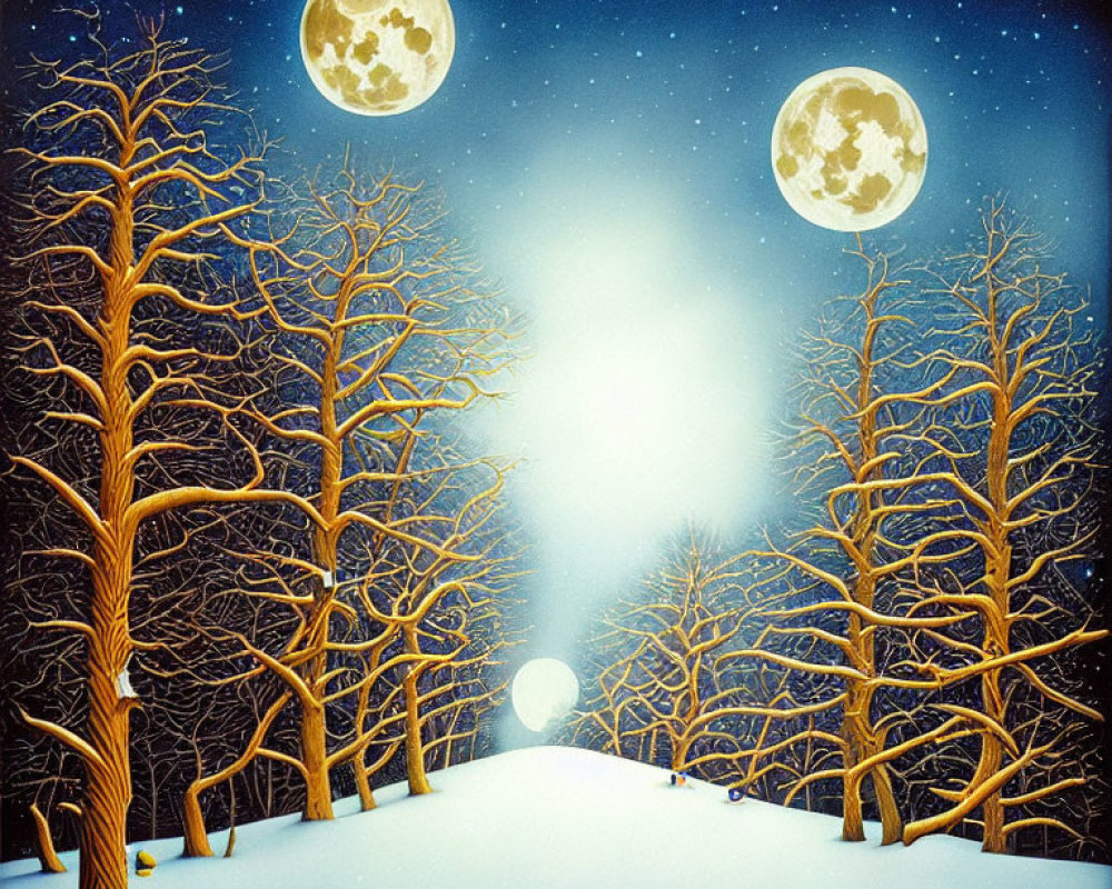 Snow-covered surreal landscape with three moons in starry night sky