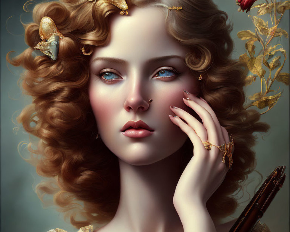 Portrait of woman with curly brown hair, gold butterflies, nose ring, blue eyes, and golden leaves