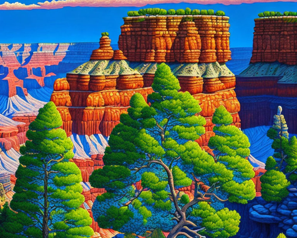 Colorful Desert Landscape with Rock Formations and Pine Trees