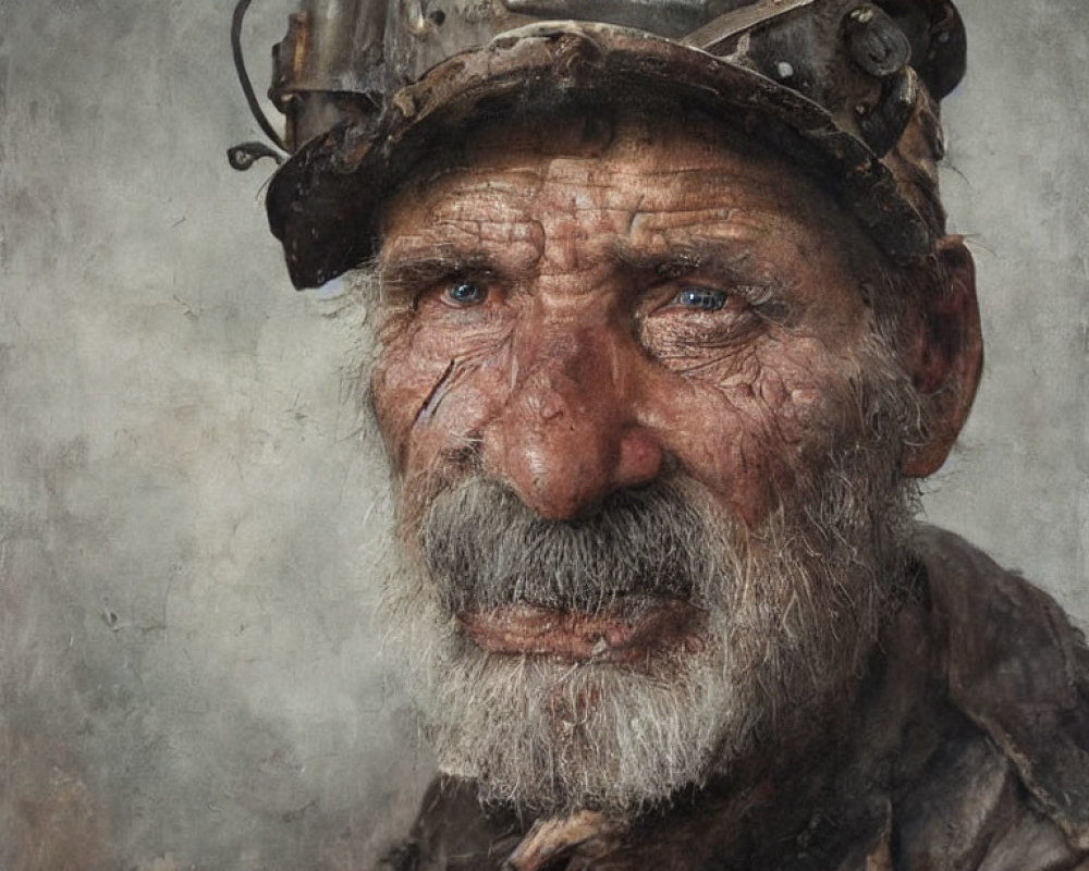 Elderly man with weathered face and miner's helmet portrait