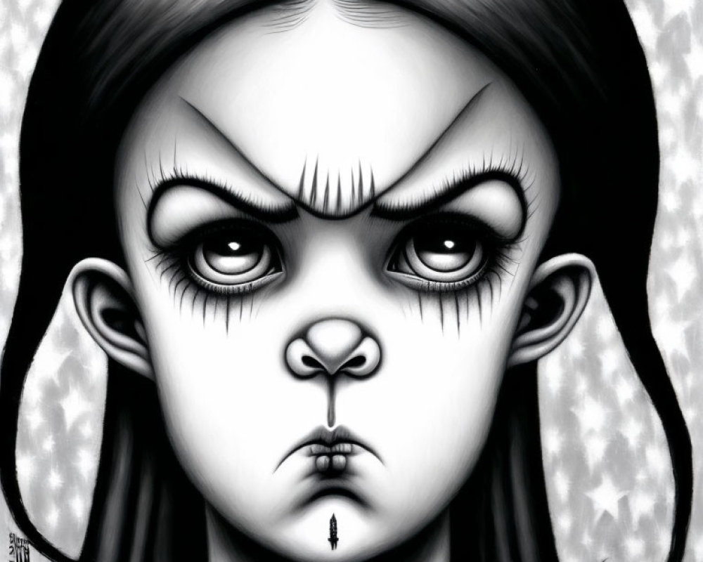 Monochrome drawing of a girl with large eyes and stern expression